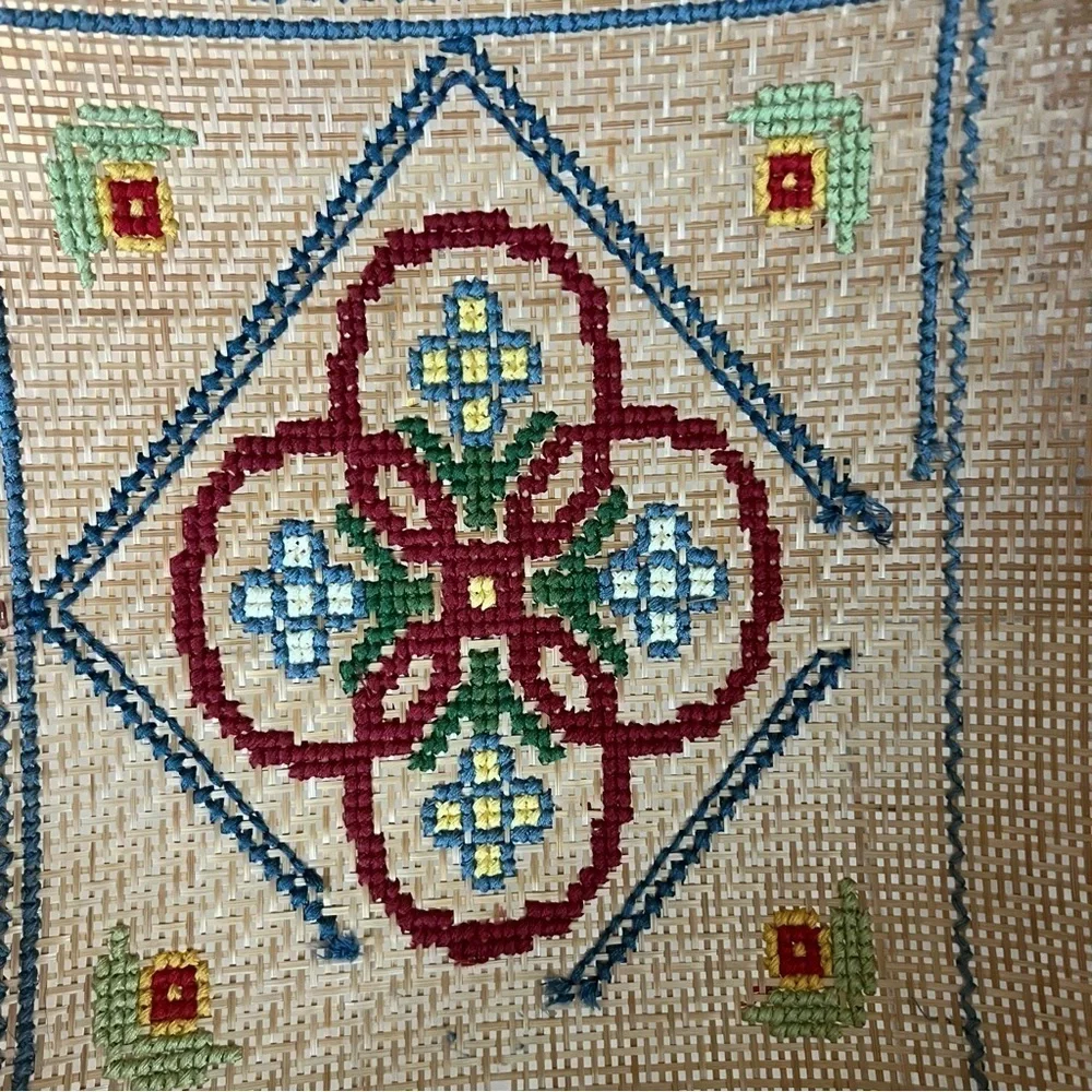 set of 3 hand embroidered basket wall mushroom, house, tree, flowers boho